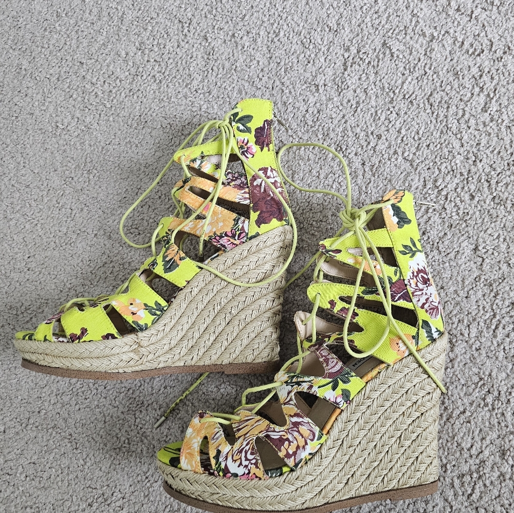 Steve Madden Neon Yellow Floral Espadrille Wedge Sandals